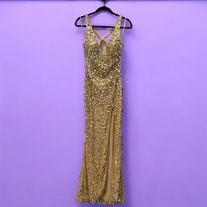 La Femme Tan Sequin Mirror V Neck Dress